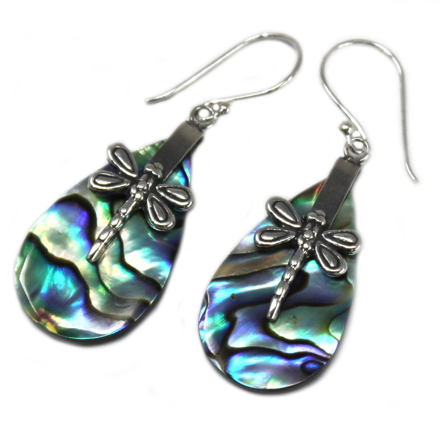 Handmade 925 sterling silver dragonfly earrings featuring iridescent abalone shell wings.