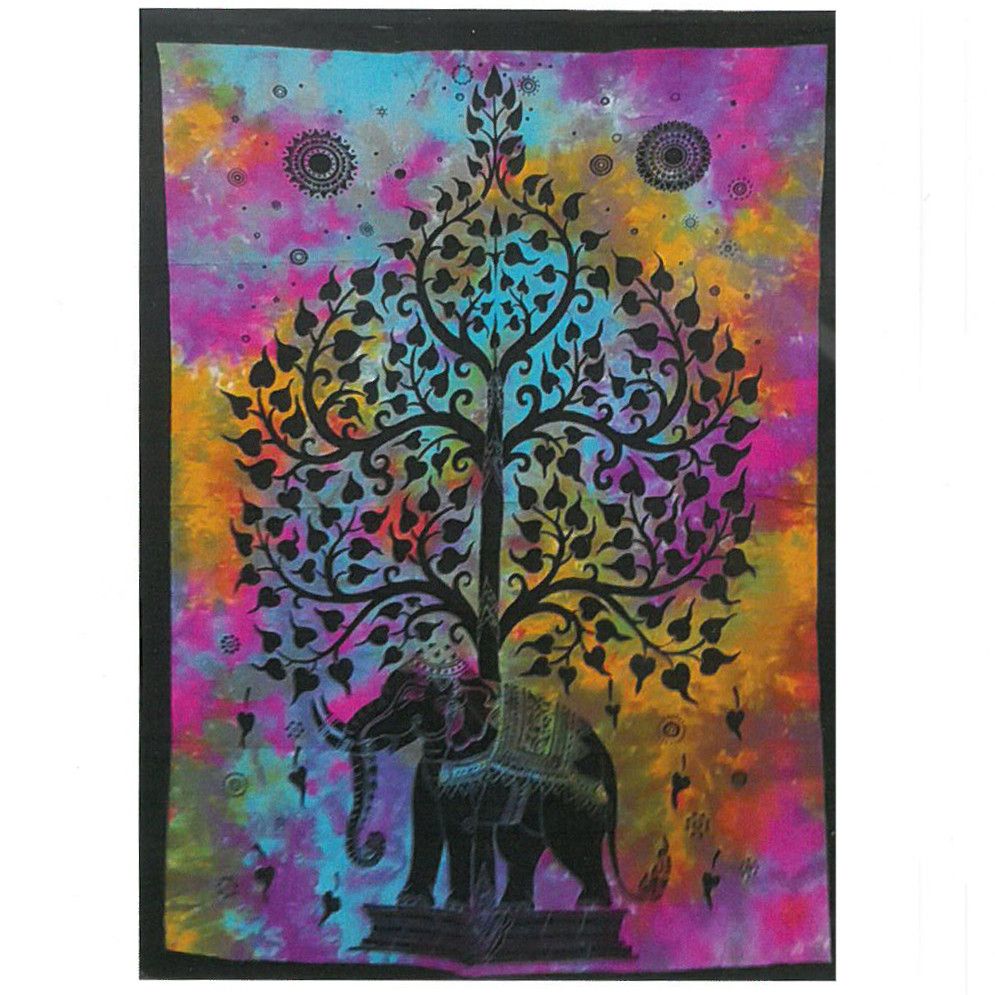 Large black and white cotton wall hanging featuring an intricate elephant and tree of life design with vibrant details.
