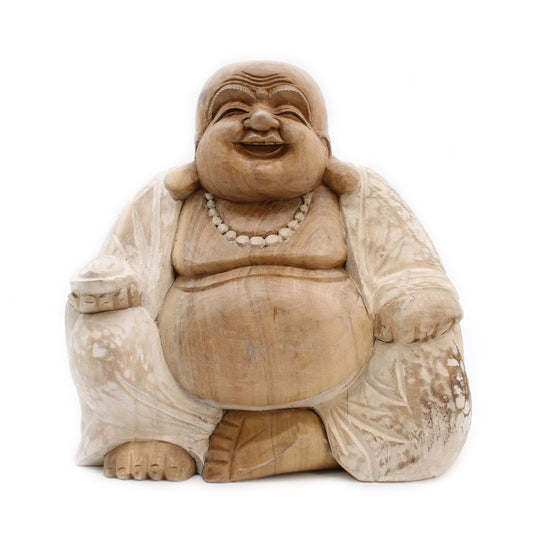 Hand-carved wooden Happy Buddha statue with a serene whitewash finish and intricate traditional Balinese detailing.