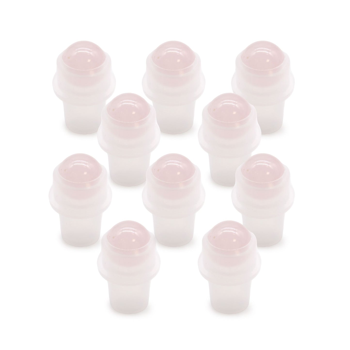Polished pink rose quartz gemstone roller ball tip for a 5ml essential oil bottle.
