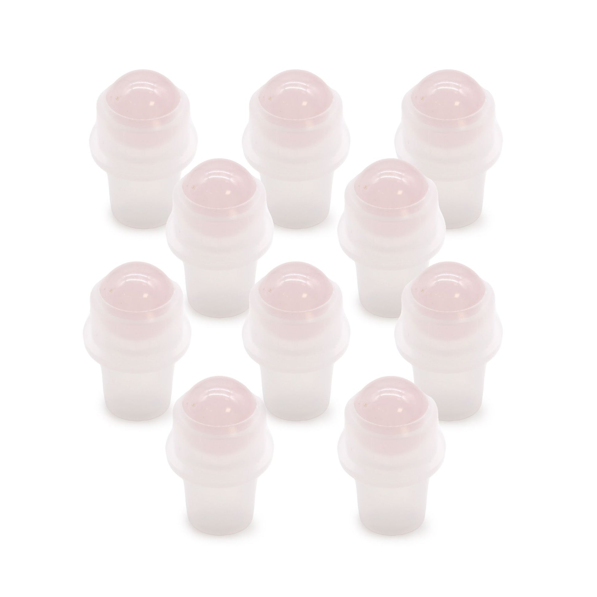 Polished pink rose quartz gemstone roller ball tip for a 5ml essential oil bottle.