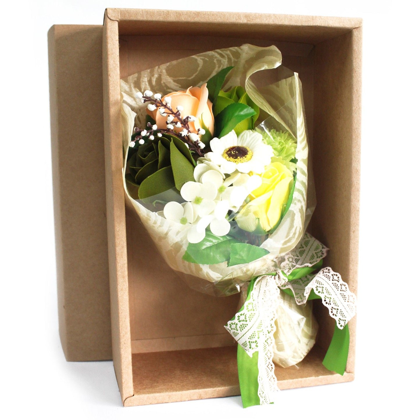 Artfully arranged green soap roses in a beautiful gift box, featuring delicate petals and natural leaf details.
