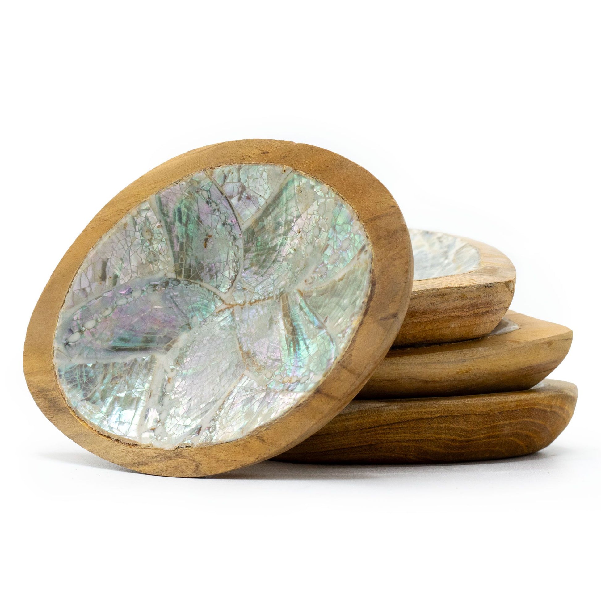 Four small handcrafted teak wood bowls featuring decorative shell inlays and natural wood grain textures.
