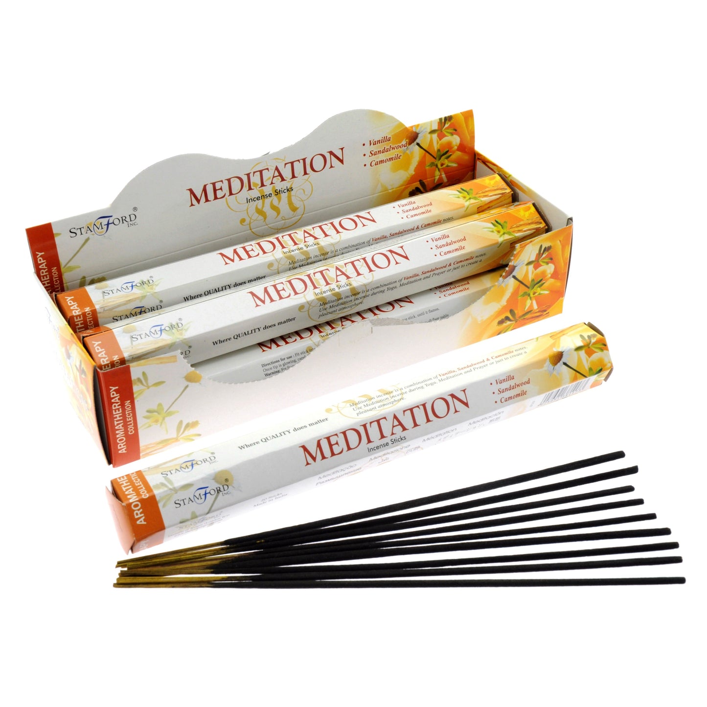 Hexagonal box of premium meditation incense sticks showing a serene purple and white design.