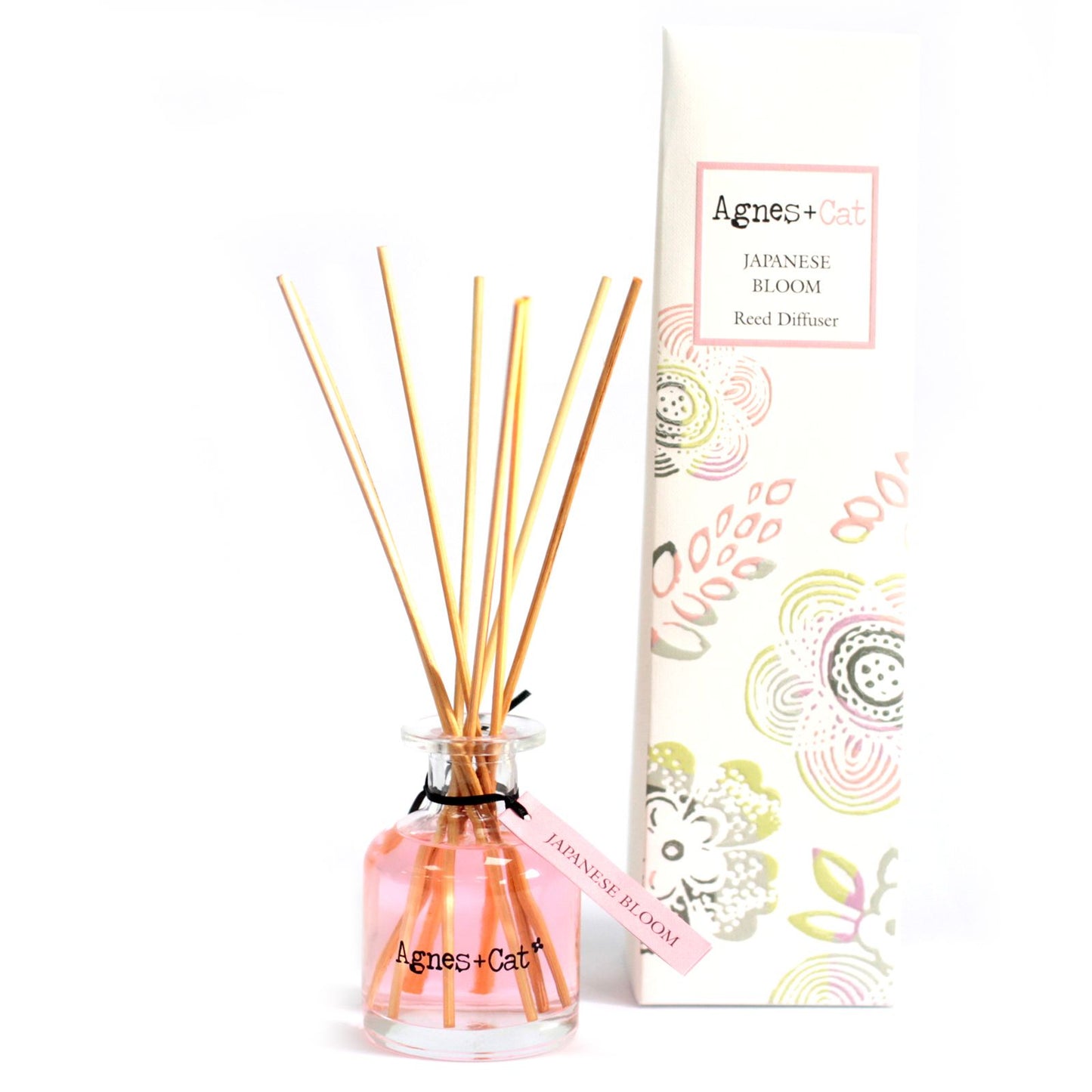 Elegant 140ml glass reed diffuser with natural wooden sticks and a floral themed embossed gift box.