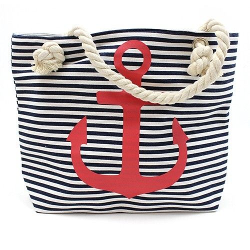 Nautical themed canvas tote bag featuring a bold red anchor design and soft cream rope handles.