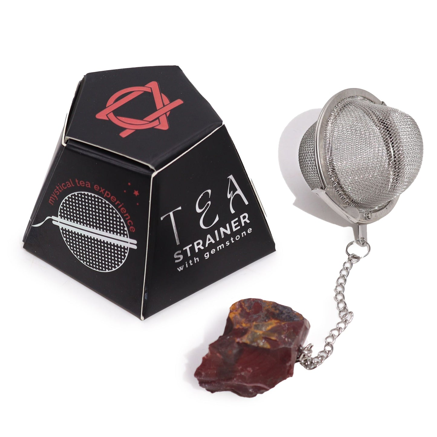 Stainless steel mesh tea strainer featuring a genuine raw red and yellow Mookaite gemstone charm on the handle.