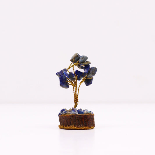 Miniature gemstone tree featuring blue sodalite stones on twisted wire branches set upon a natural wood base.