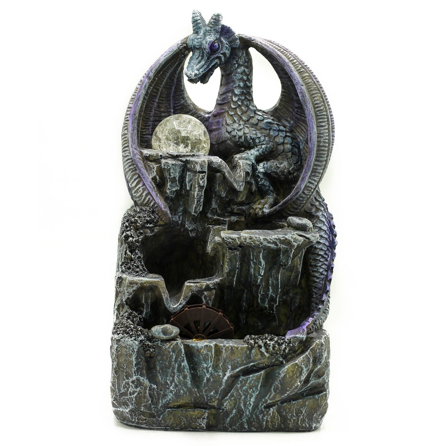 Detailed purple dragon tabletop fountain with a spinning water wheel and a glowing crystal ball on a rocky base.