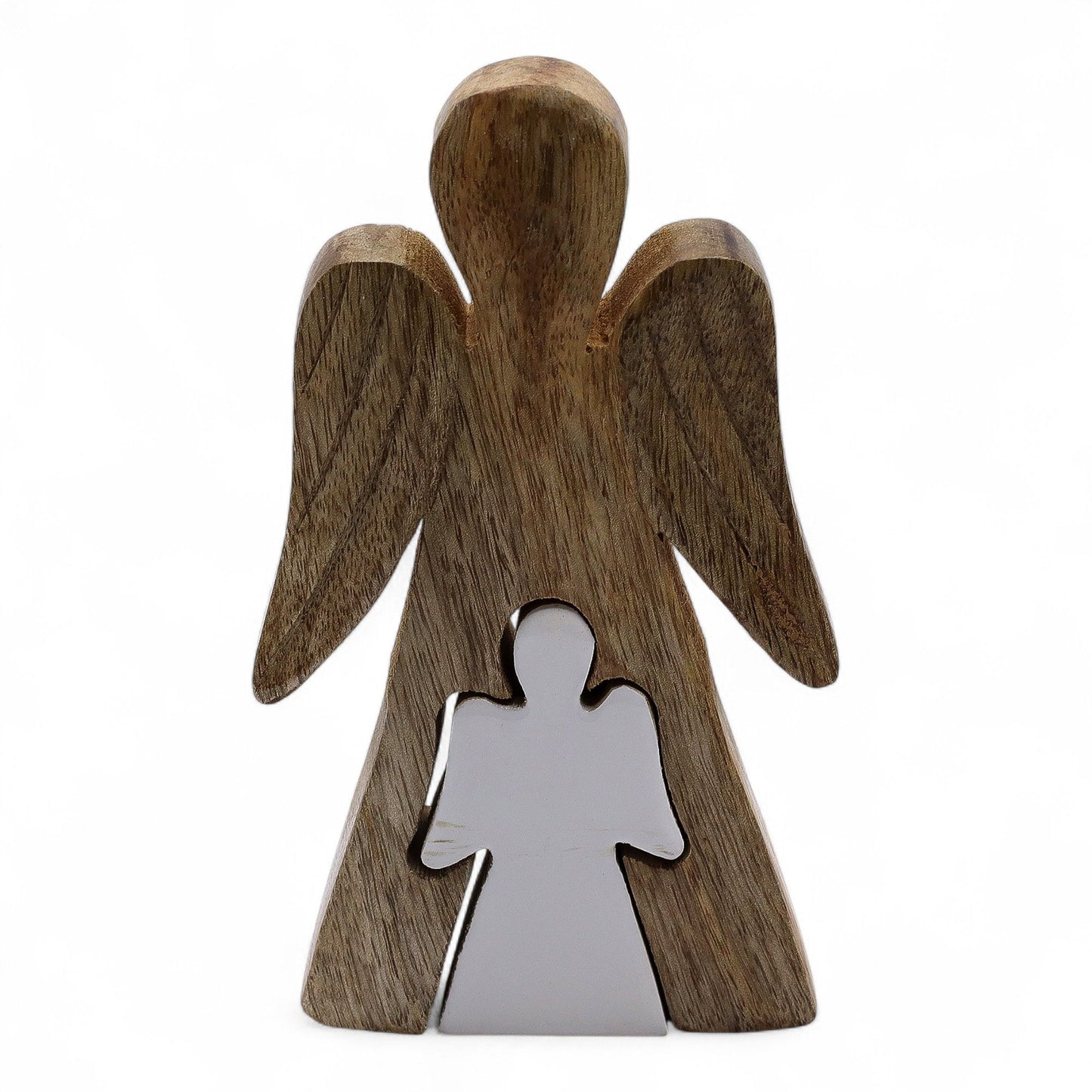 Hand-carved mango wood angel figurine with smooth white enamel accent showing a larger angel embracing a smaller one.