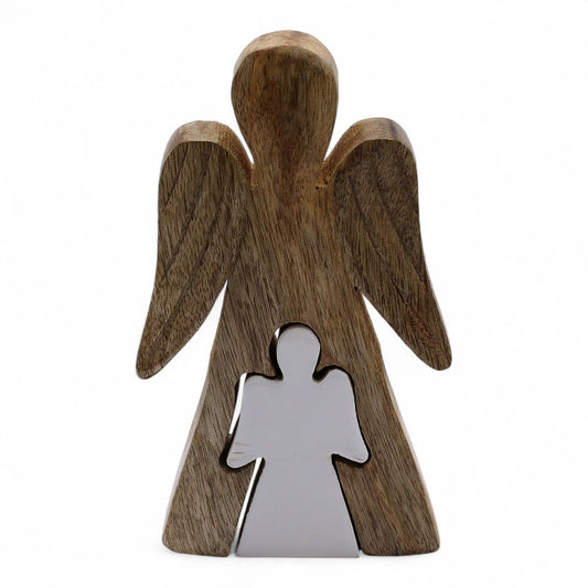 Hand-carved mango wood angel figurine with smooth white enamel accent showing a larger angel embracing a smaller one.