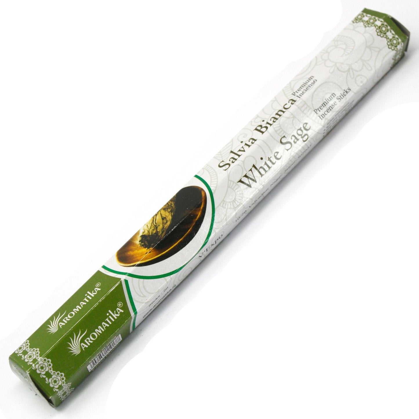 Hand-rolled masala incense sticks with a natural wooden powder texture and white sage scent.