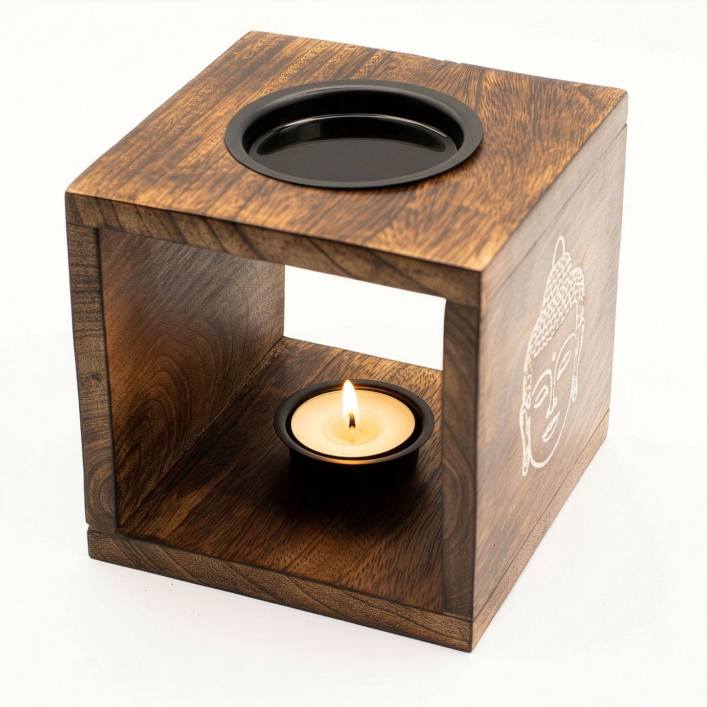 Hand-carved large square mango wood oil burner featuring a serene Buddha face design with a glass dish on top.