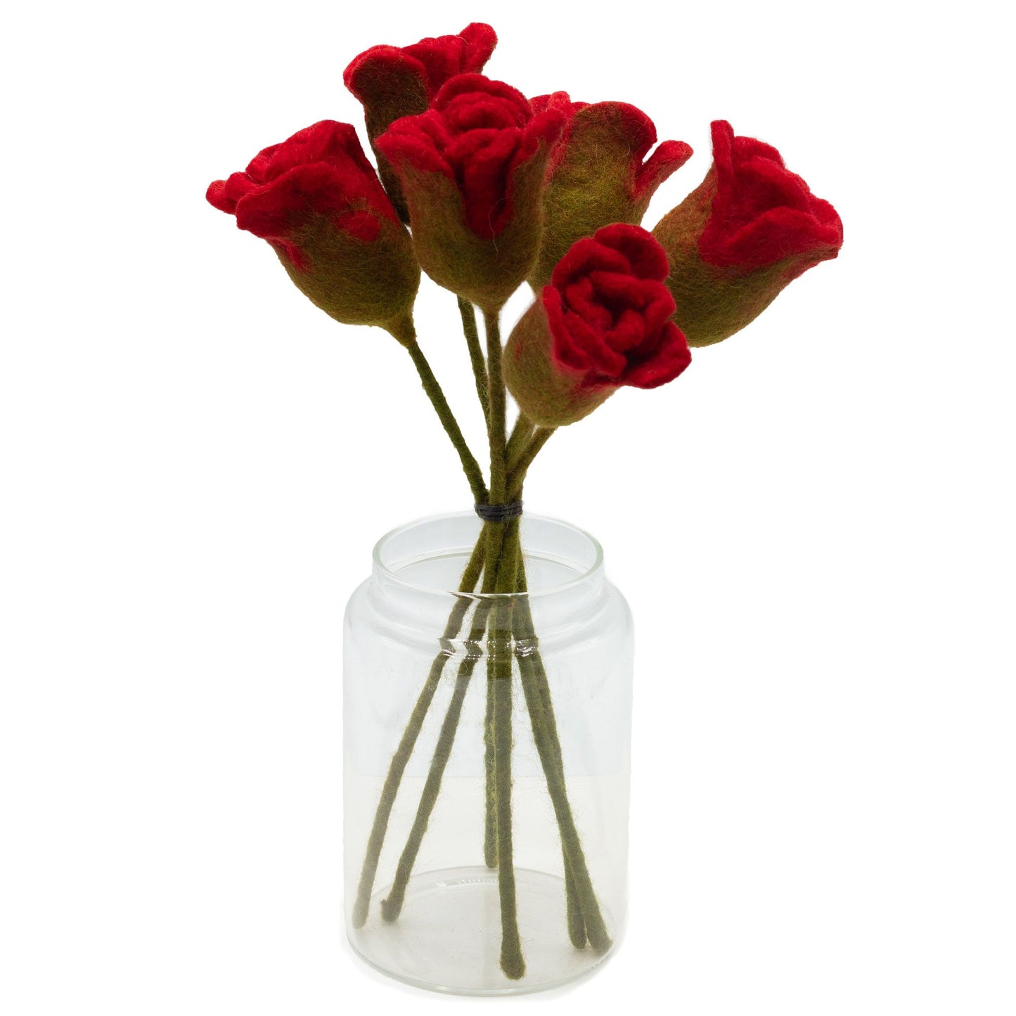 Set of six handcrafted deep red felt roses with realistic petal designs and green stems.