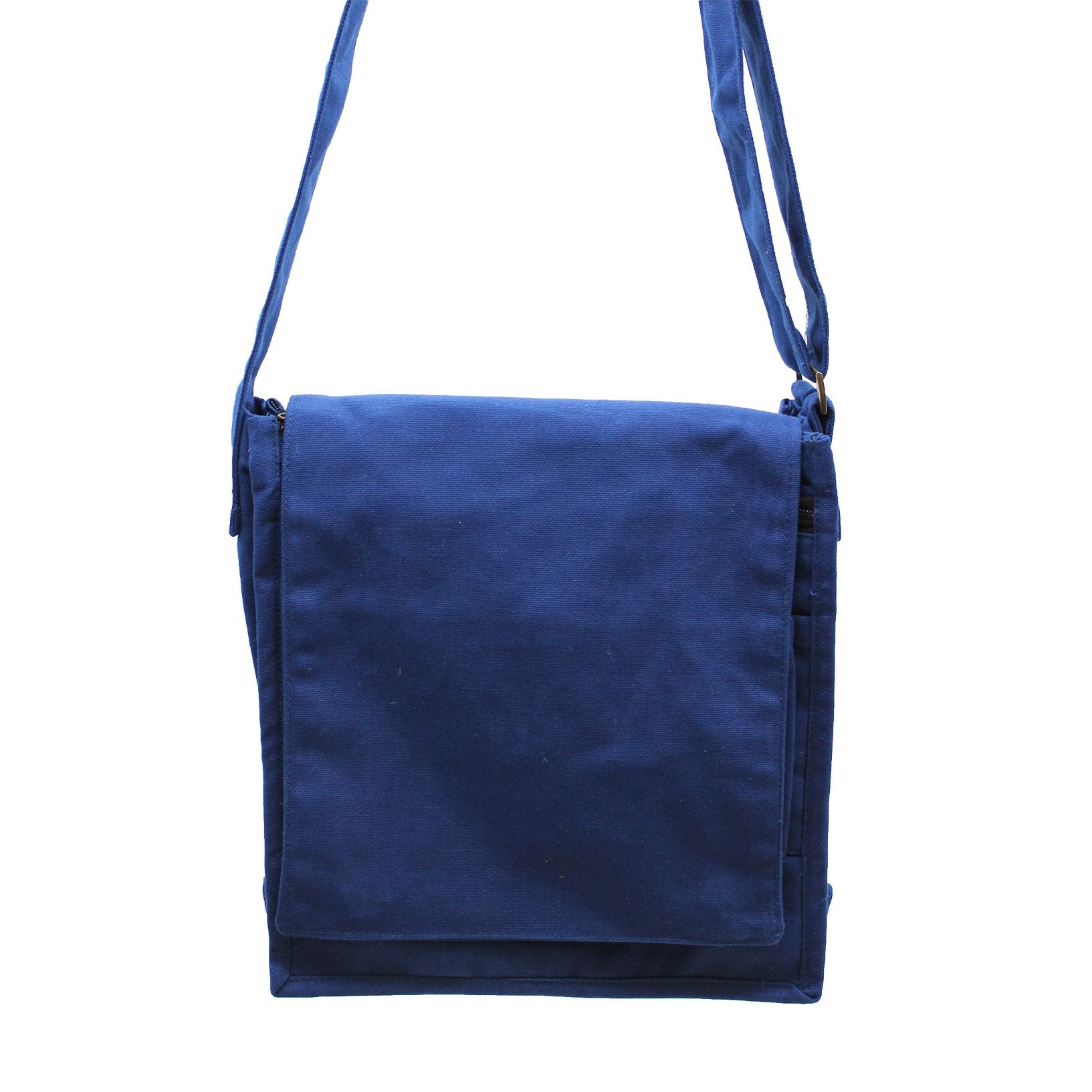 Classic navy blue cotton canvas messenger bag with an adjustable shoulder strap and a minimalist design.