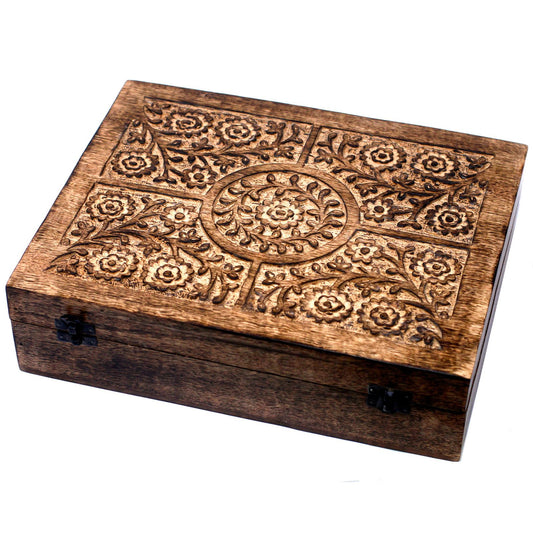 Large hand-carved mango wood storage box with intricate floral designs, featuring internal compartments for 80 oil bottles.