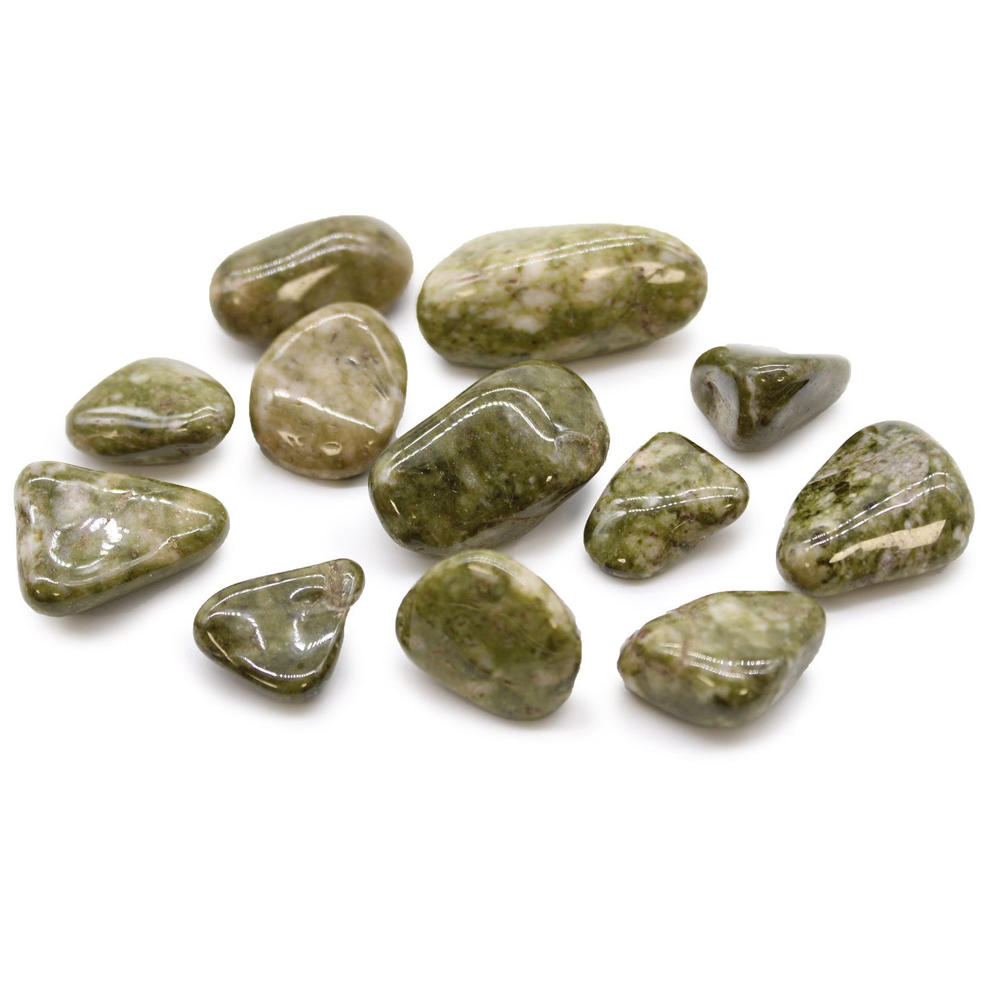 Smooth medium-sized green epidote tumble stones with distinctive white snowflake-like quartz patterns.