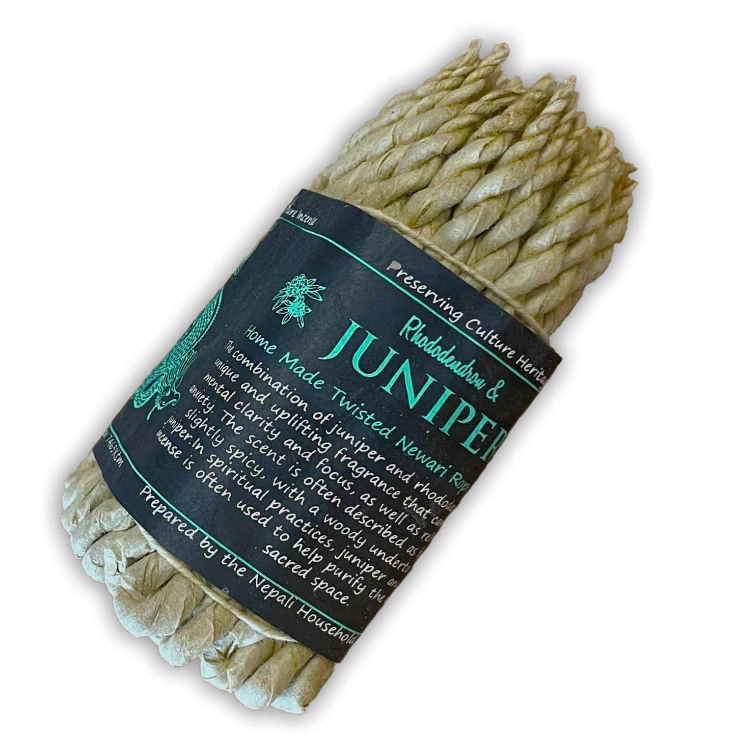Traditional hand-rolled rope incense bundle featuring a blend of rhododendron and juniper herbs.