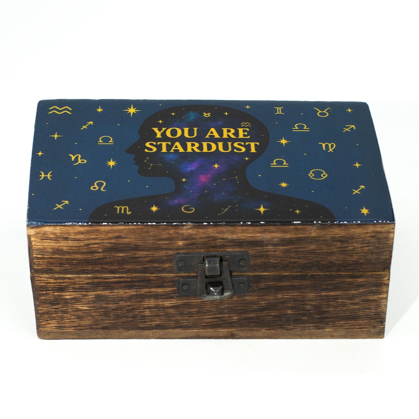 Medium mango wood box with an enamelled lid featuring a cosmic silhouette, galaxies, and zodiac symbols on midnight blue.