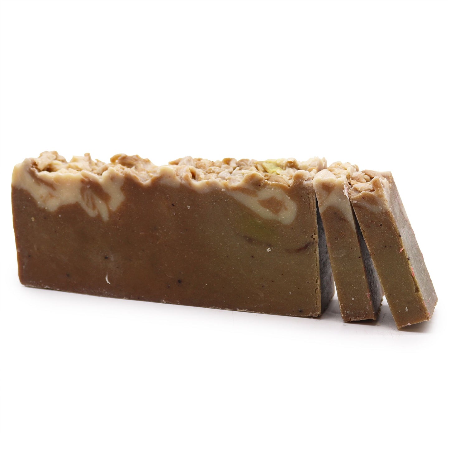 Handcrafted chocolate-scented olive oil soap loaf with a rich, textured brown surface and natural finish.