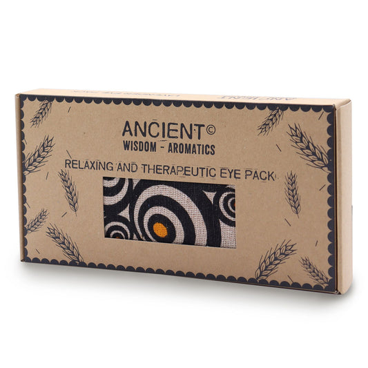 Lavender scented wheat eye pillow featuring a blue and white illusion pattern in a matching gift box.
