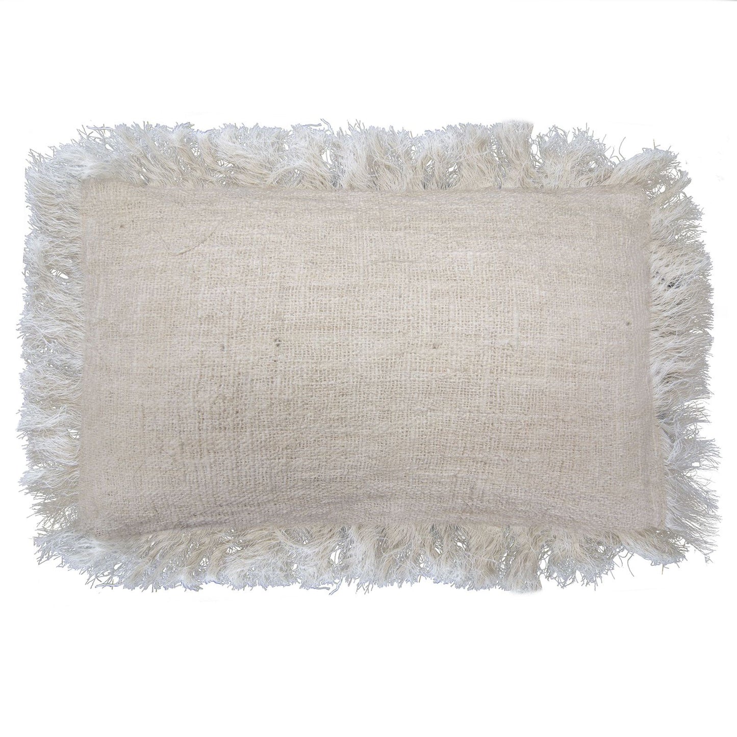 Rectangular natural linen cushion cover measuring 30x50cm with decorative frayed fringe edges.
