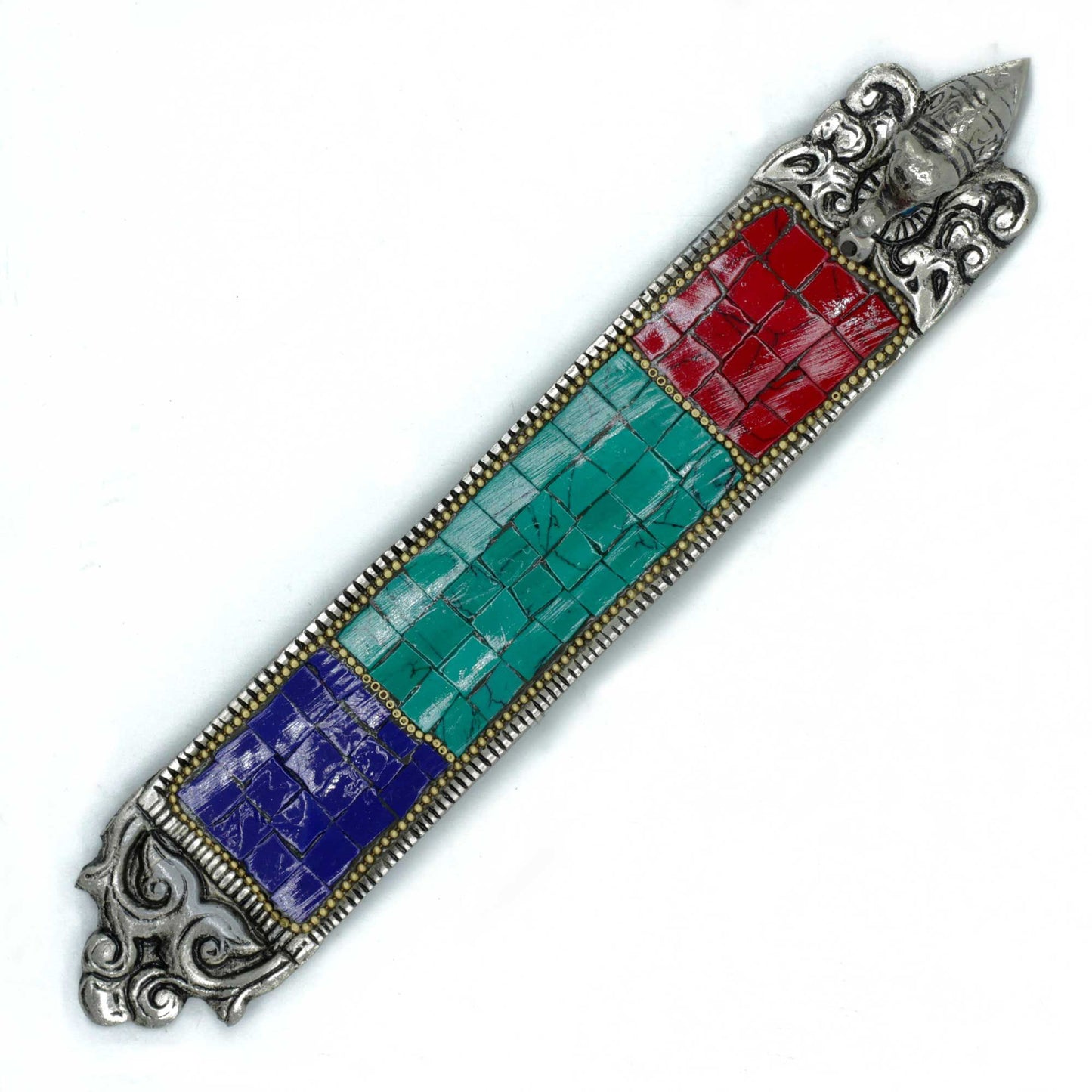 Handcrafted long wooden incense holder featuring ornate carved elephant details and traditional Tibetan decorative patterns.