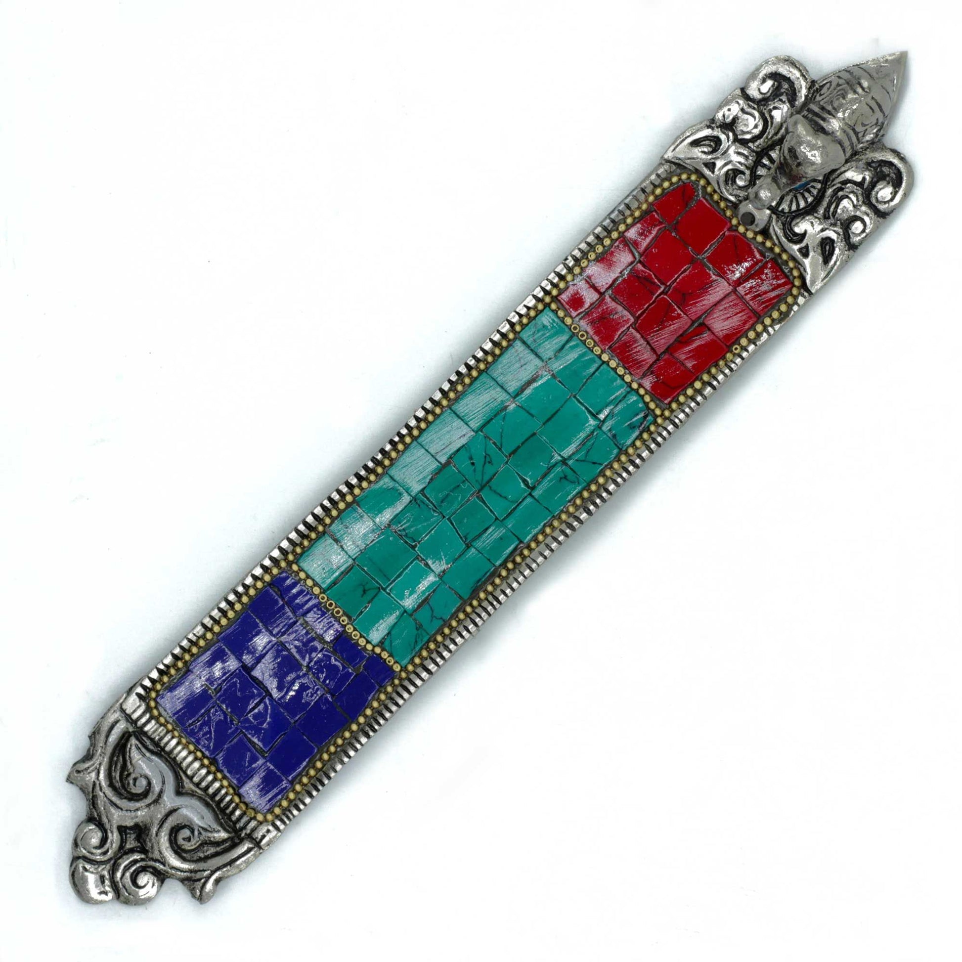 Handcrafted long wooden incense holder featuring ornate carved elephant details and traditional Tibetan decorative patterns.