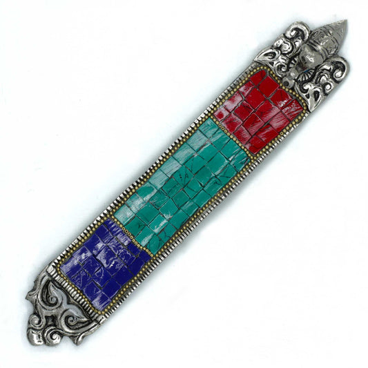 Handcrafted long wooden incense holder featuring ornate carved elephant details and traditional Tibetan decorative patterns.