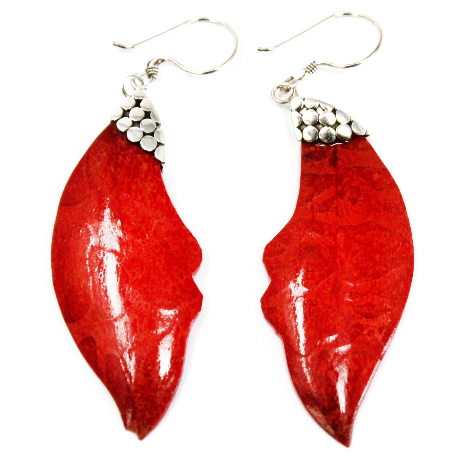 Elegant 925 sterling silver drop earrings featuring a leaf design and vibrant red coral resin stones.