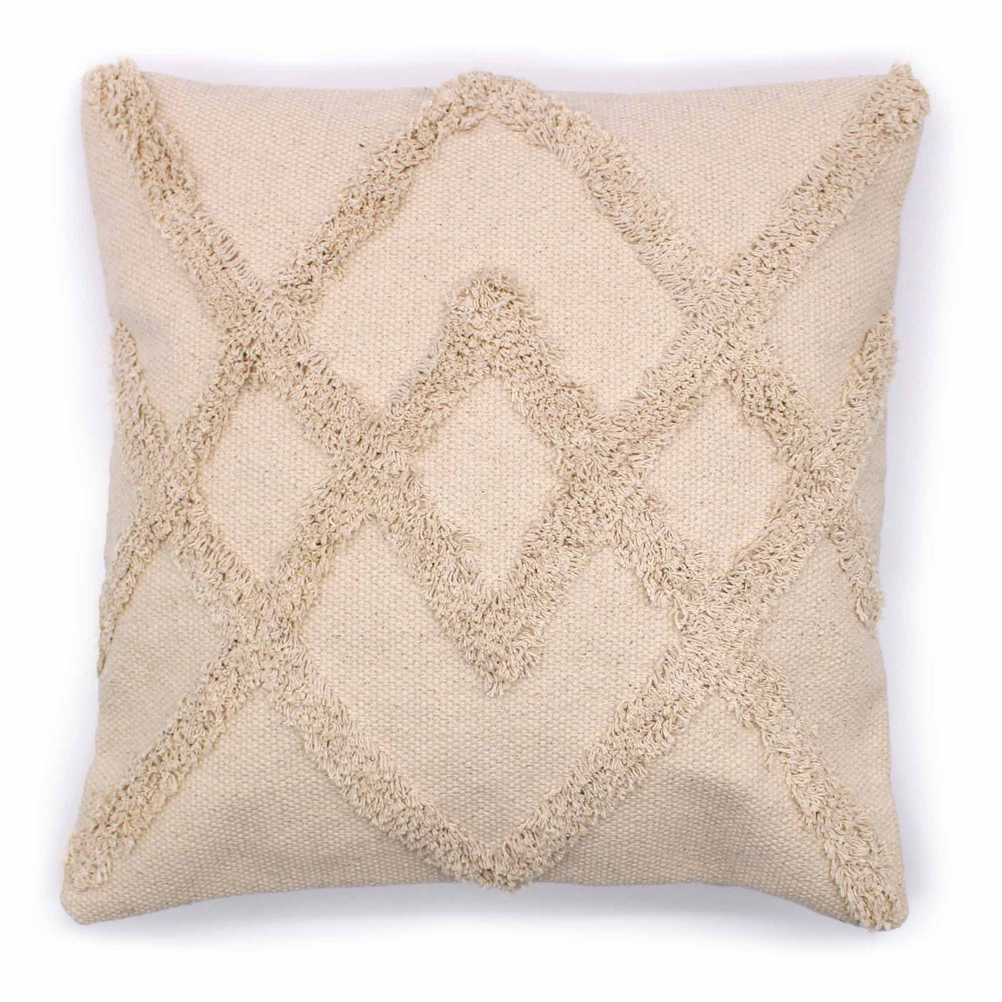 Cream cotton cushion cover featuring a textured criss-cross geometric pattern and decorative fringe detailing.
