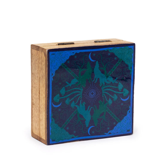 Square wooden box with a vibrant enameled lid depicting a wolf howling at the moon in a mystical forest setting.
