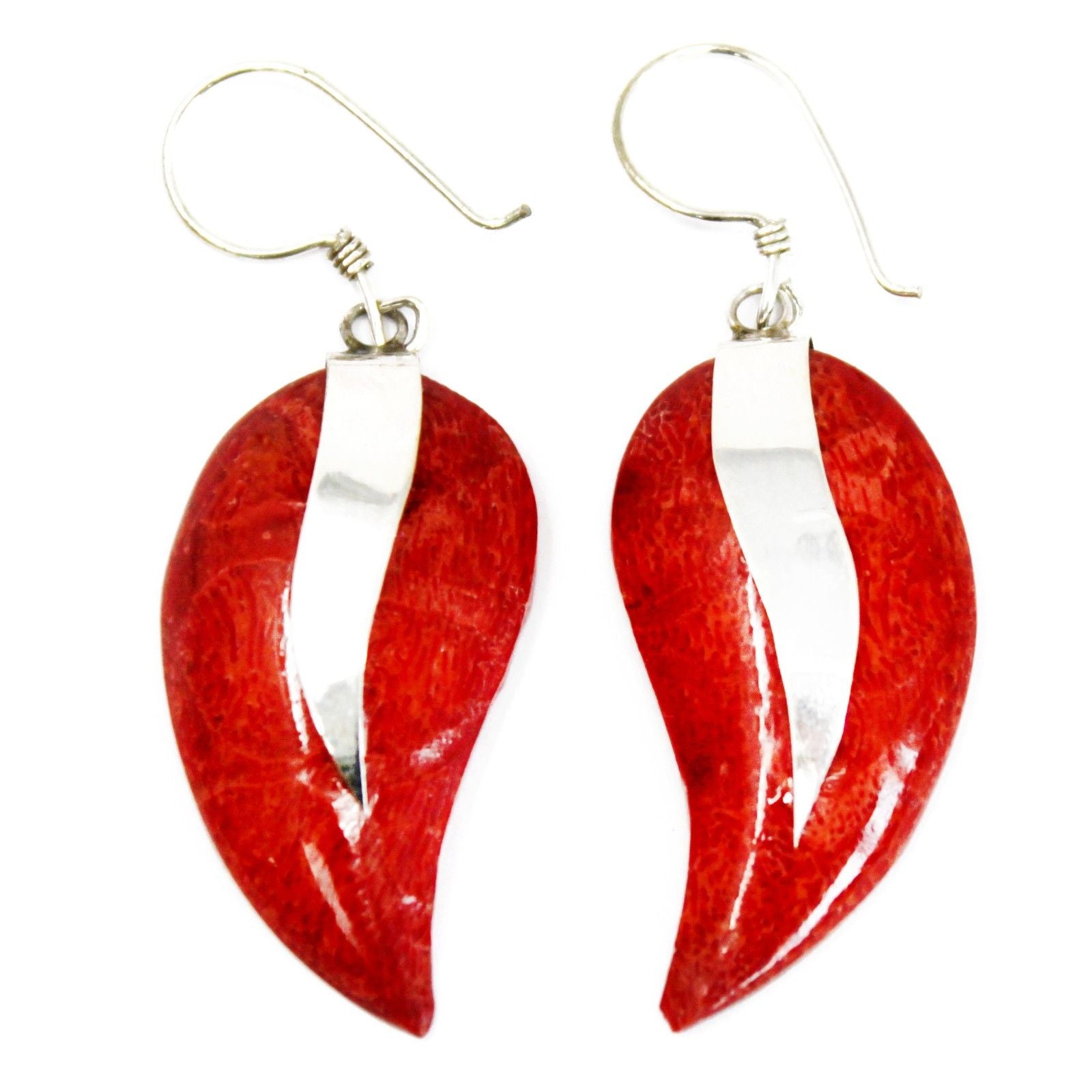Handmade 925 silver drop earrings featuring mango-shaped red coral imitation resin with a smooth, bright finish.