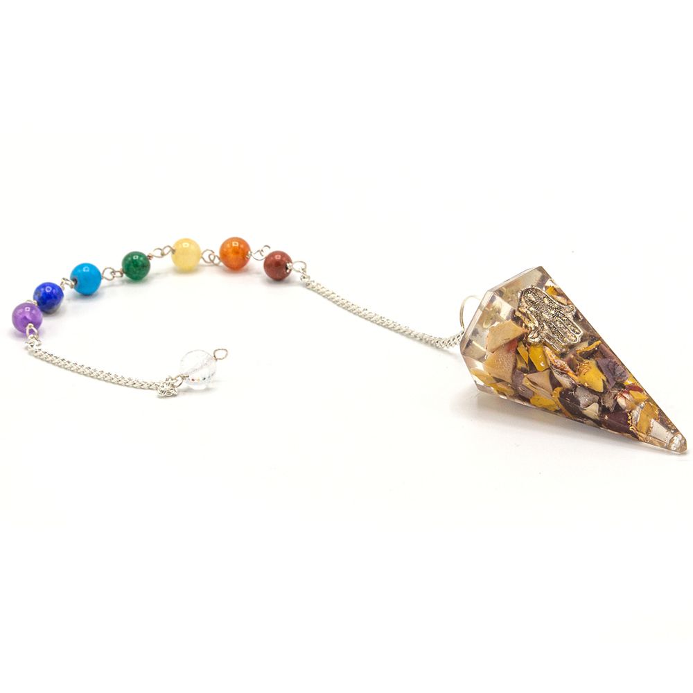 Orgonite chakra pendulum featuring gemstone chips and a metal Hamsa hand symbol suspended on a silver-toned chain.