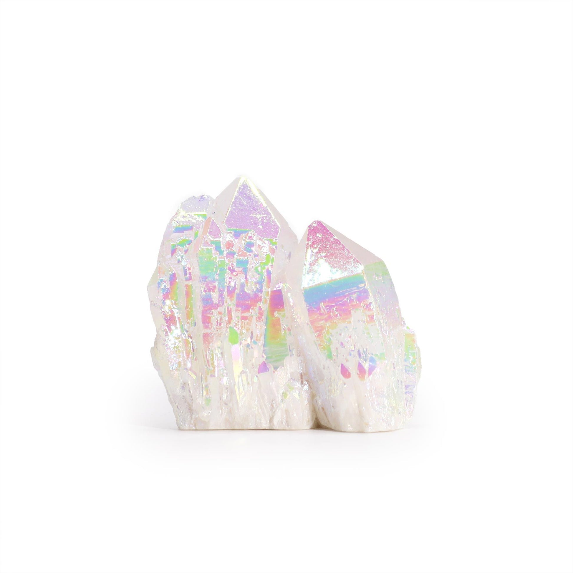 Shimmering iridescent angel aura quartz geode with a natural rock exterior and rainbow crystal interior.