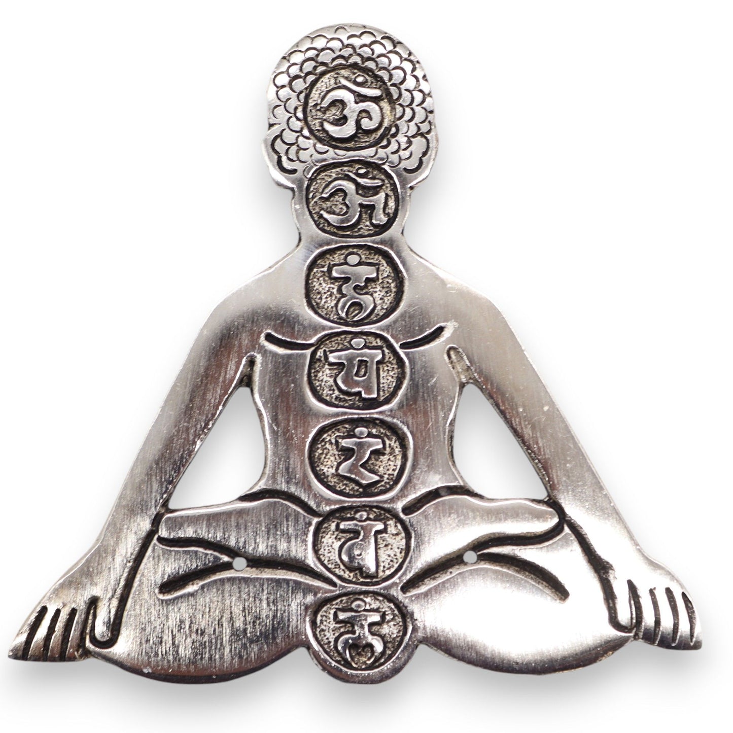 Polished square aluminium incense holder featuring vibrant seven chakra symbols on a metallic finish.