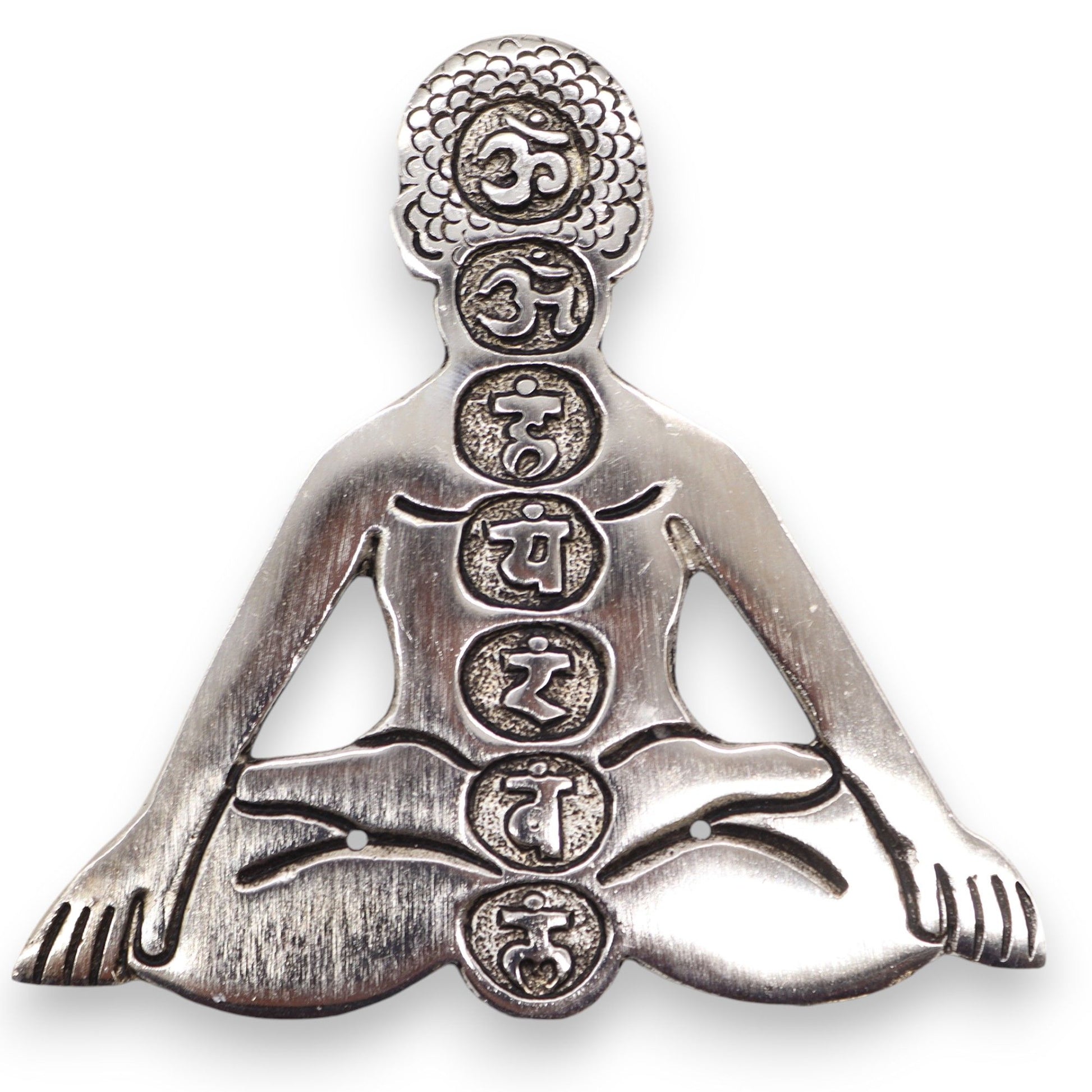 Polished square aluminium incense holder featuring vibrant seven chakra symbols on a metallic finish.