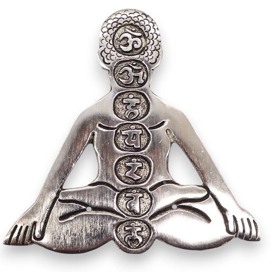 Polished square aluminium incense holder featuring vibrant seven chakra symbols on a metallic finish.