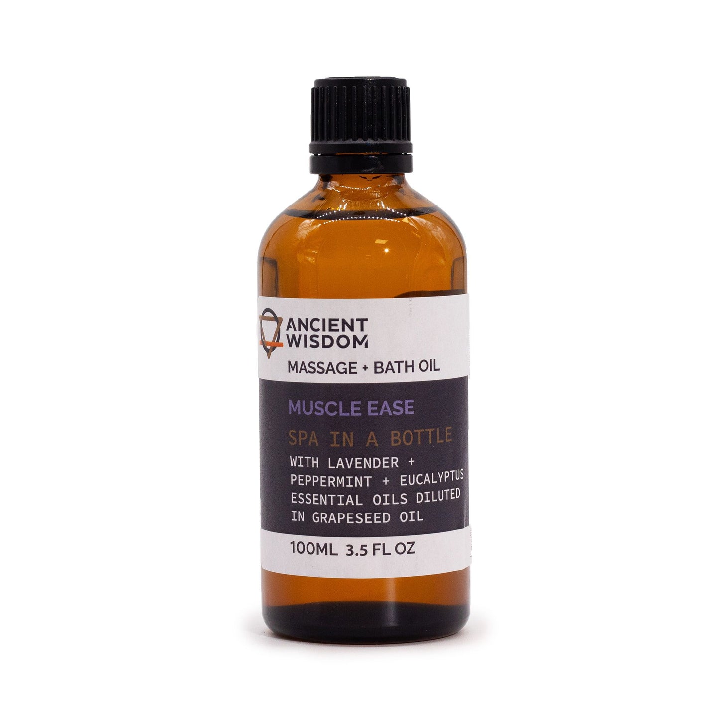 Clear glass bottle of amber-coloured massage oil with a black screw cap on a neutral background.