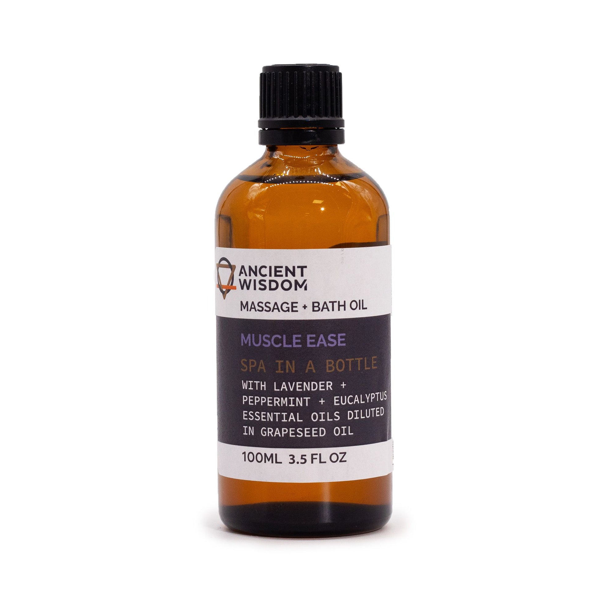 Clear glass bottle of amber-coloured massage oil with a black screw cap on a neutral background.