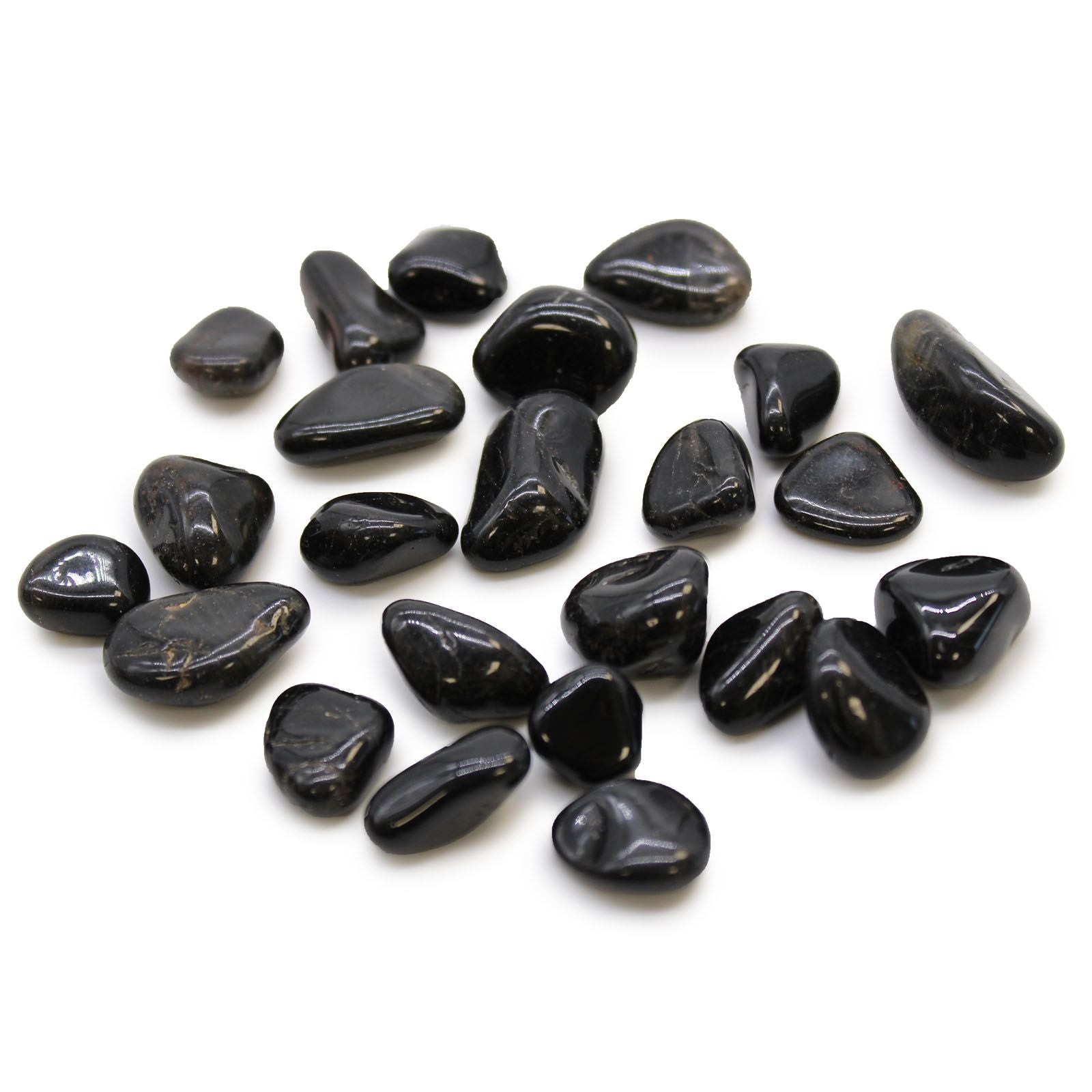 Smooth, polished black onyx tumble stones with a deep glossy finish.