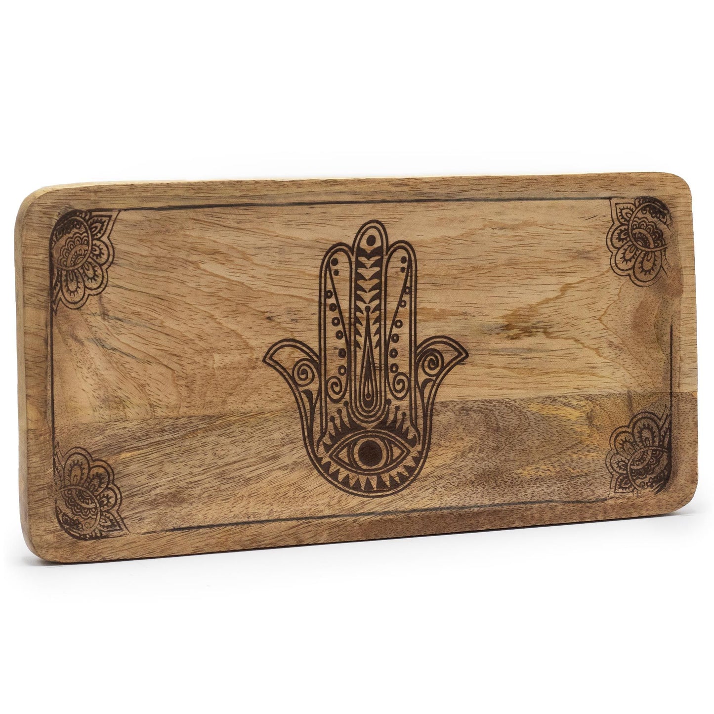 Long rectangular black wooden tray featuring an intricate white engraved Hamsa Hand design in the centre.