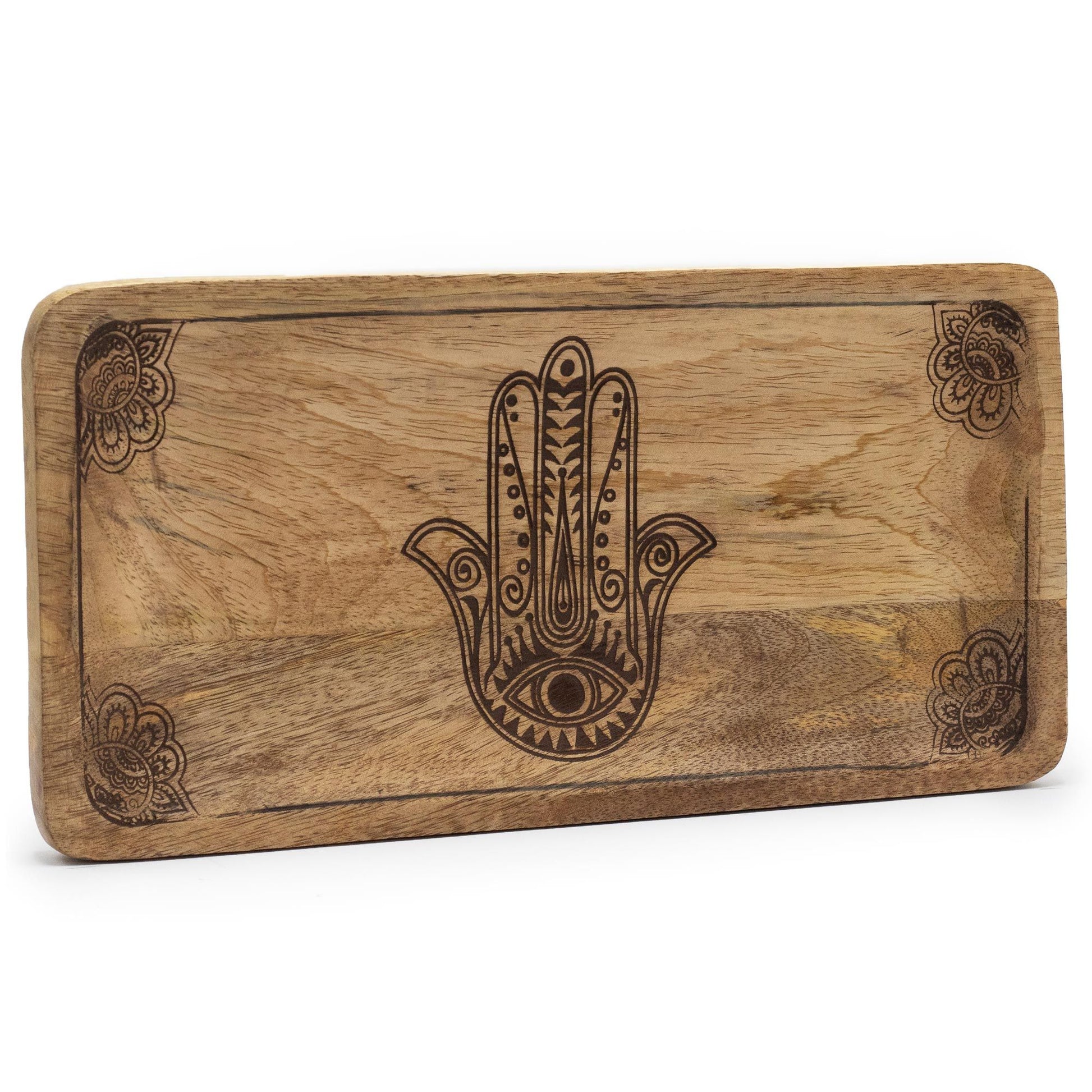 Long rectangular black wooden tray featuring an intricate white engraved Hamsa Hand design in the centre.