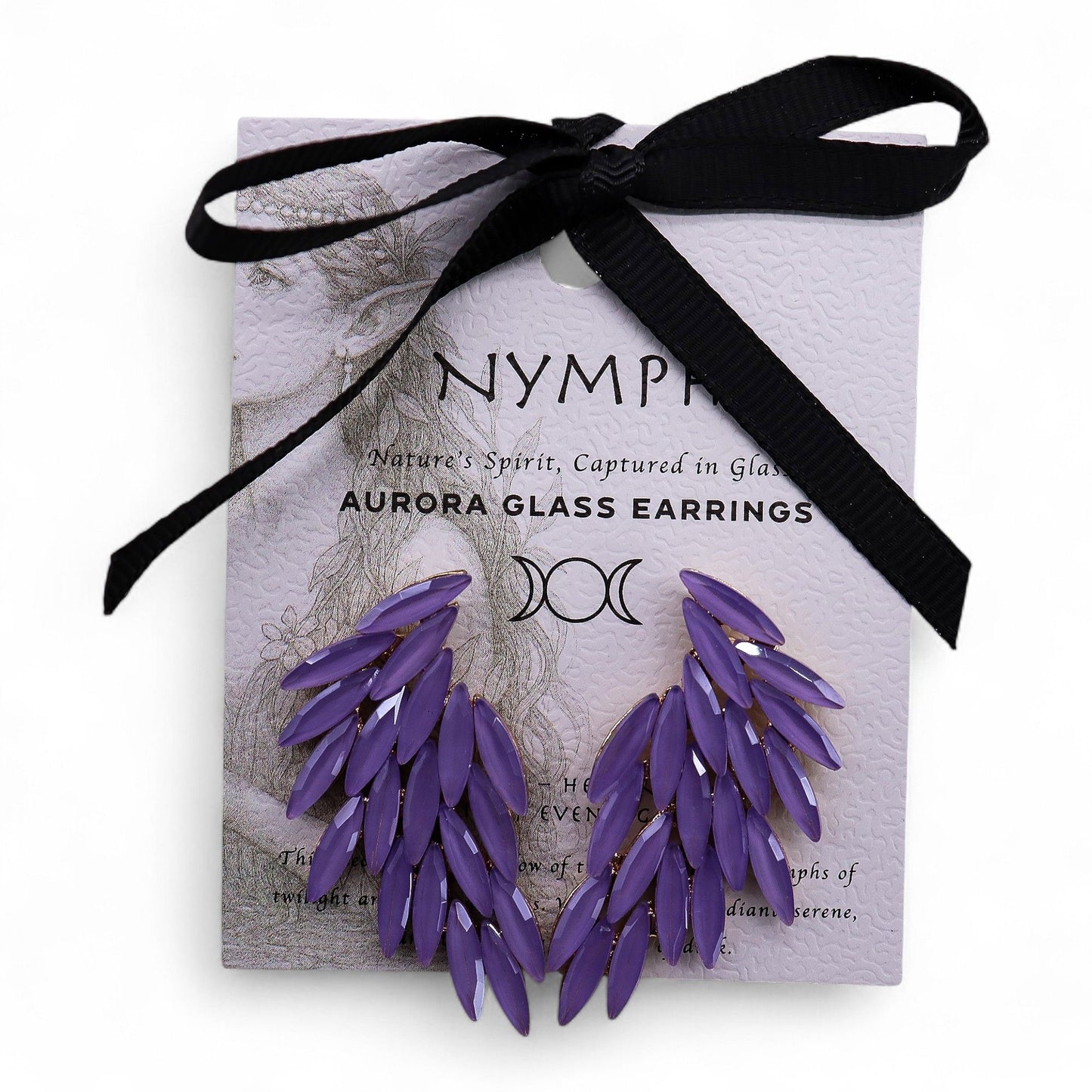 Delicate lavender glass earrings shaped like angel wings with silver-tone stainless steel hooks.