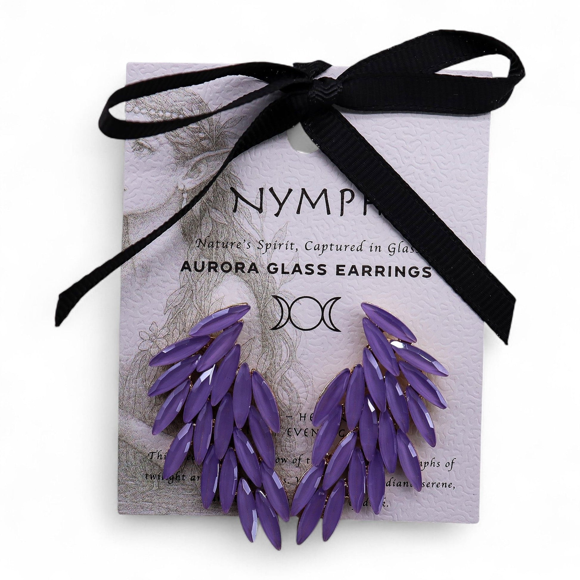 Delicate lavender glass earrings shaped like angel wings with silver-tone stainless steel hooks.