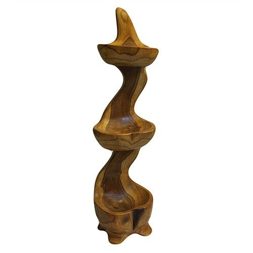 Hand-carved three-tier standing teak root bowl set with a unique natural wood grain and organic abstract shape.