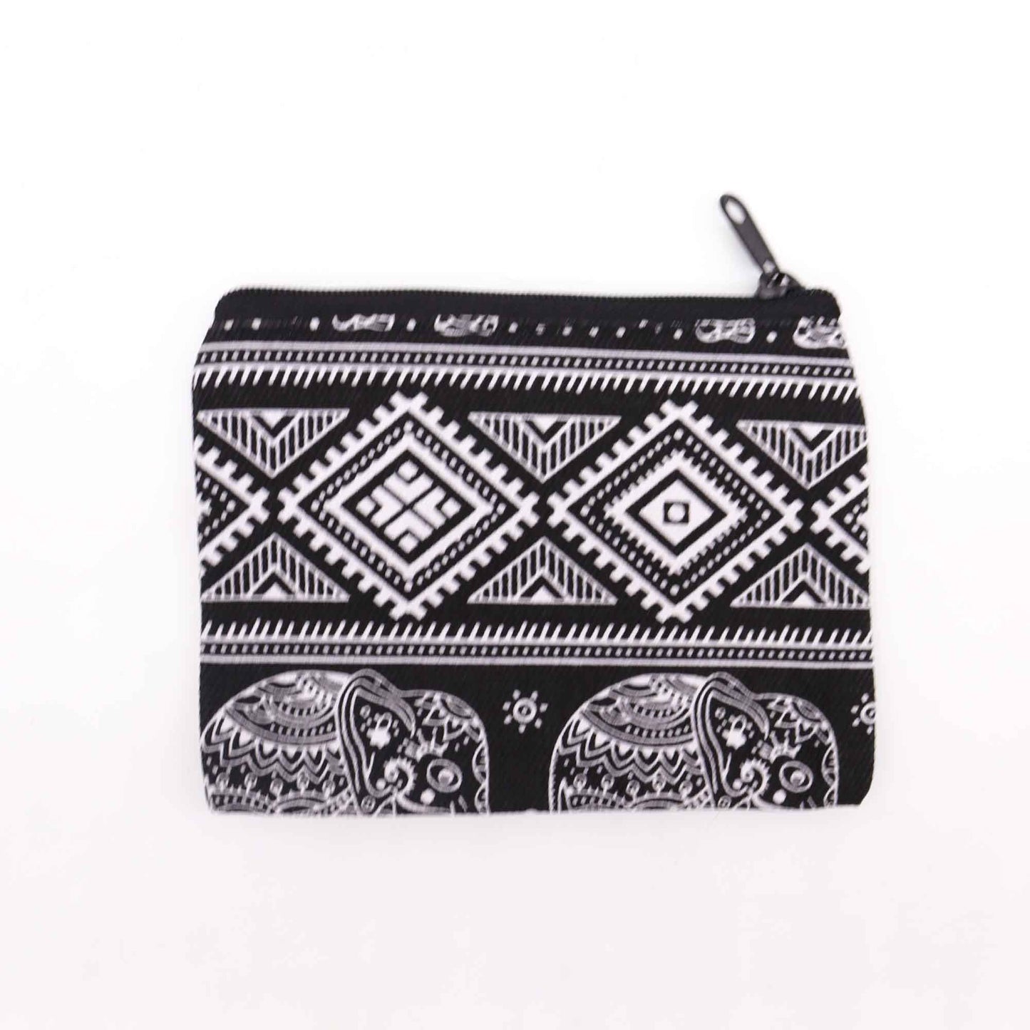 Small colourful fabric pouch with a unique assorted pattern design and a secure zip fastening.