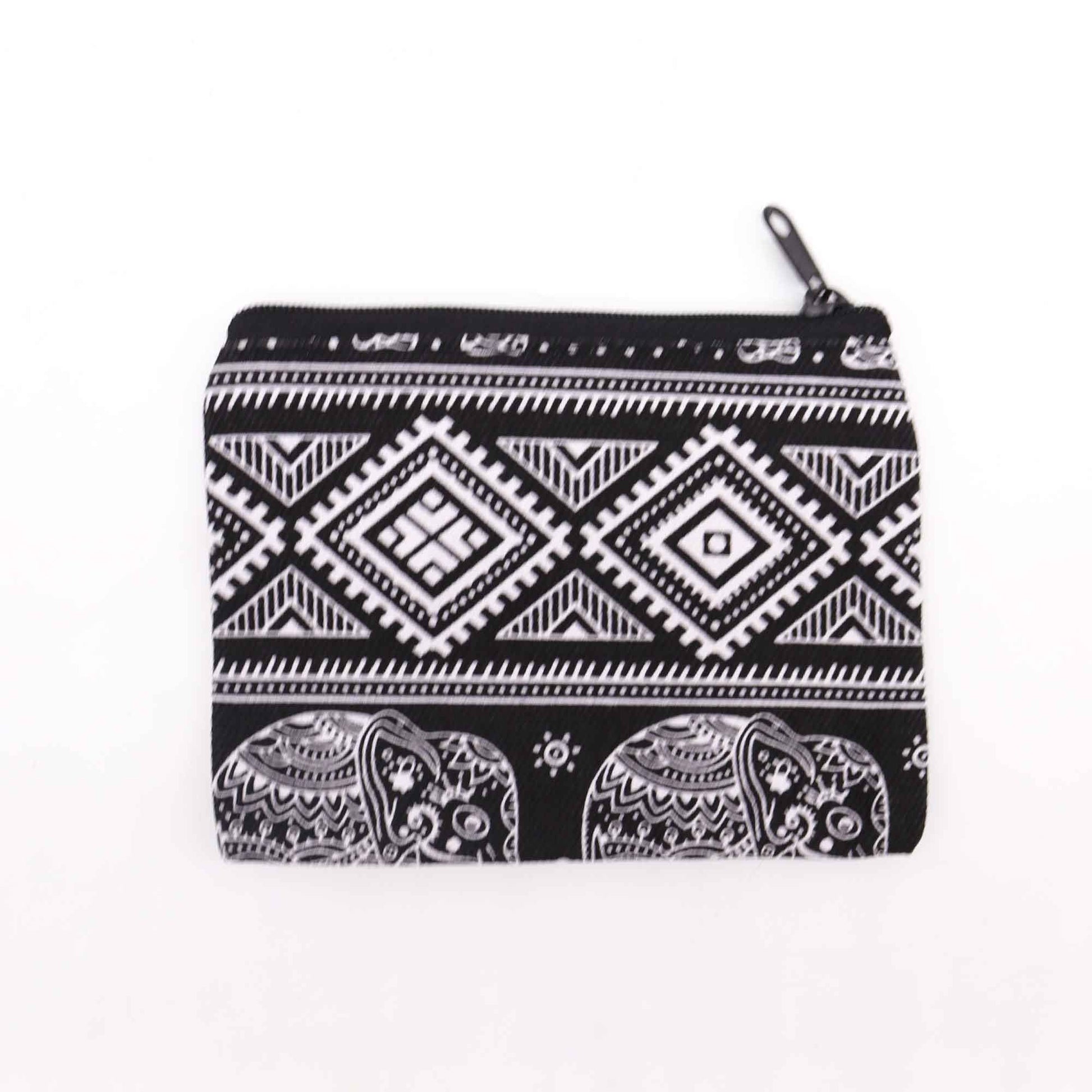 Small colourful fabric pouch with a unique assorted pattern design and a secure zip fastening.