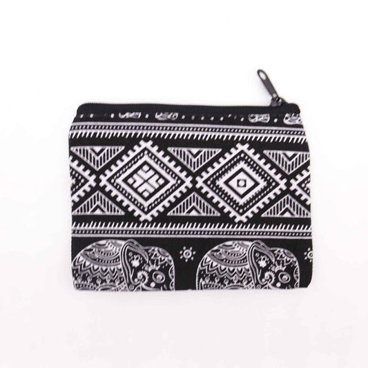 Small colourful fabric pouch with a unique assorted pattern design and a secure zip fastening.