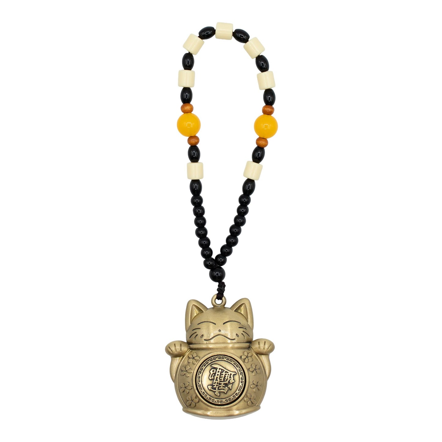 Golden Feng Shui hanging ornament featuring a traditional Maneki-neko lucky cat holding a wealth coin.